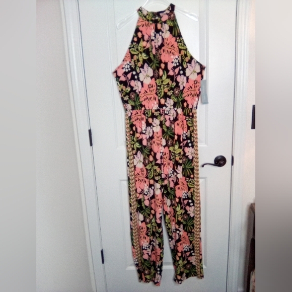 LondonTimes Women's Floral Halter Jumpsuit - Pink and Green, Sz.14 - Picture 2 of 13